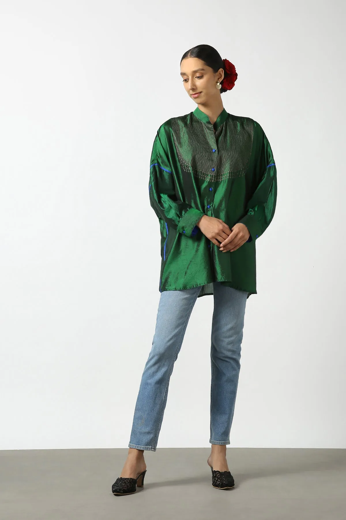 Dark Green Raw Silk Hand Embroidered Short Phiran Top