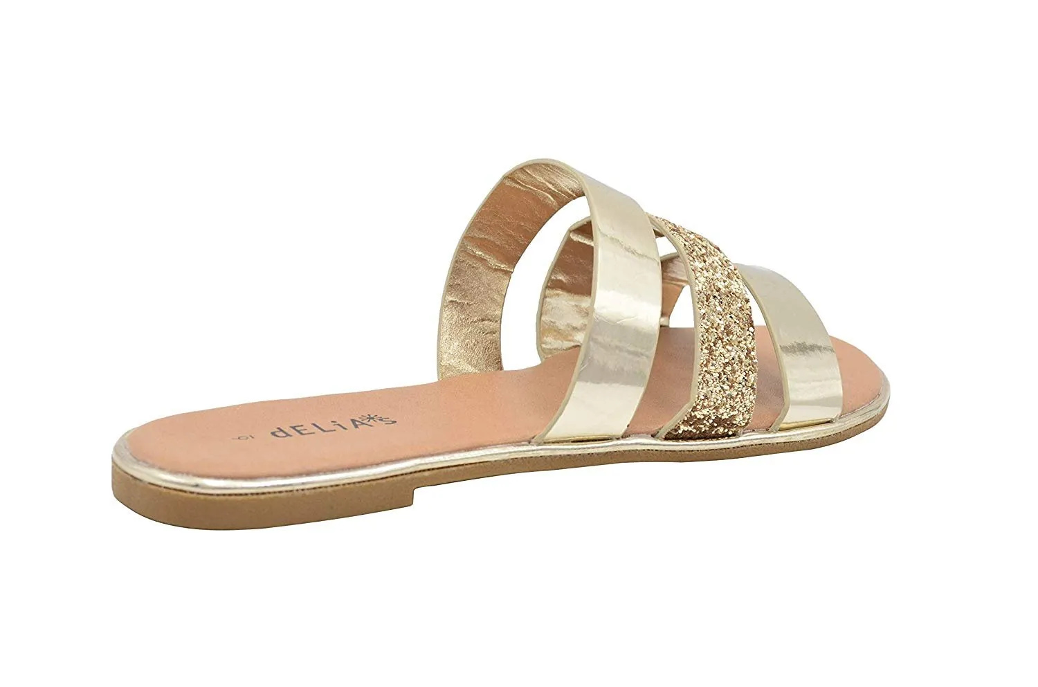 dELiAs Ladies Fashion Sandals Metallic and Glitter Slip On Flats with Welt Detail