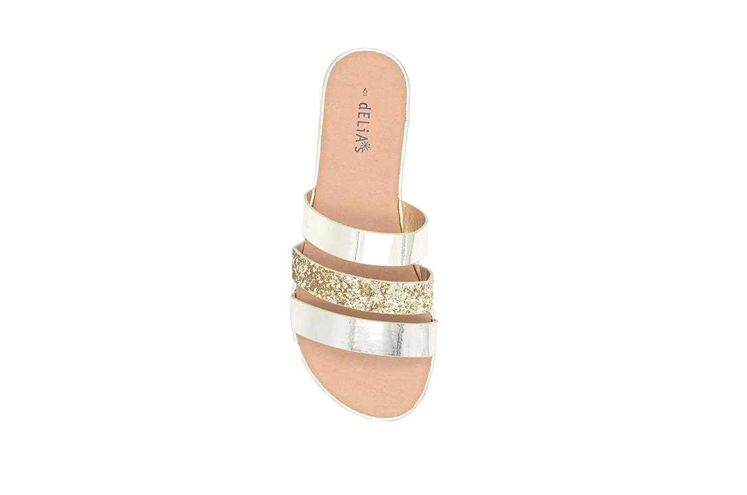 dELiAs Ladies Fashion Sandals Metallic and Glitter Slip On Flats with Welt Detail