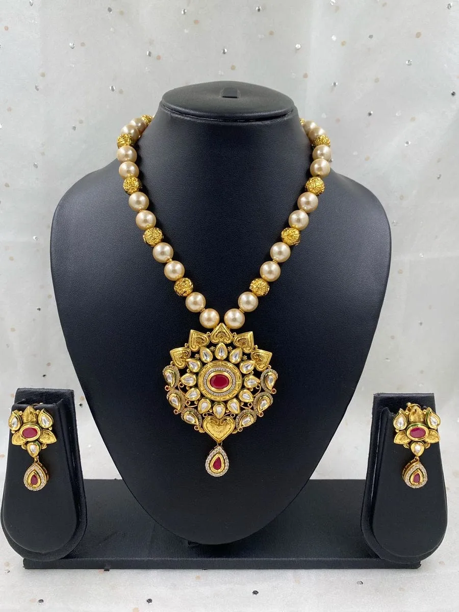 Designer Gold Plated Antique Kundan Pendant Necklace Set For Women By Gehna Shop