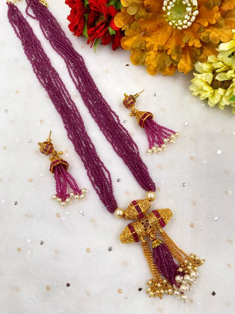 Designer Multilayered Ruby Crystal Beads Necklace Set For Women