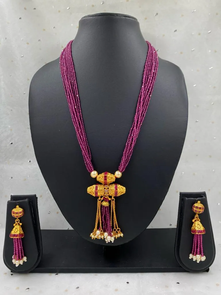 Designer Multilayered Ruby Crystal Beads Necklace Set For Women