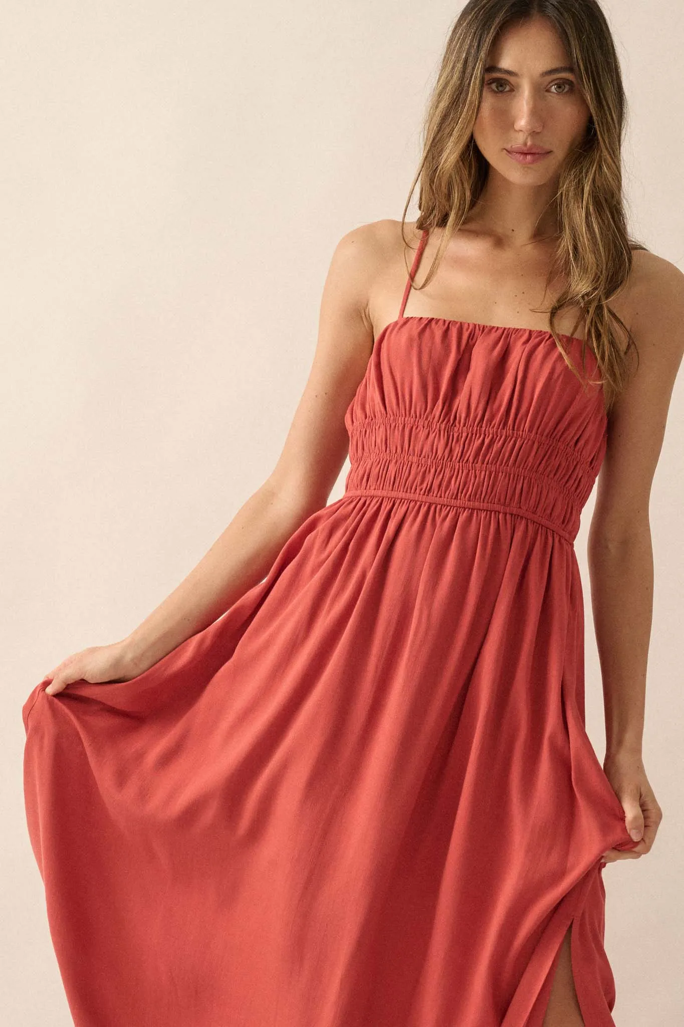 Enjoy the Moment Gathered Open-Back Maxi Dress