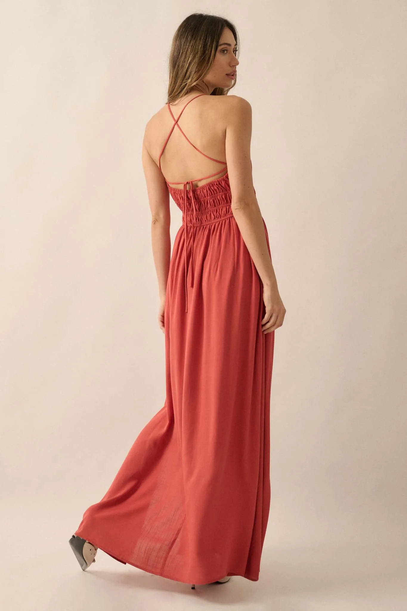 Enjoy the Moment Gathered Open-Back Maxi Dress