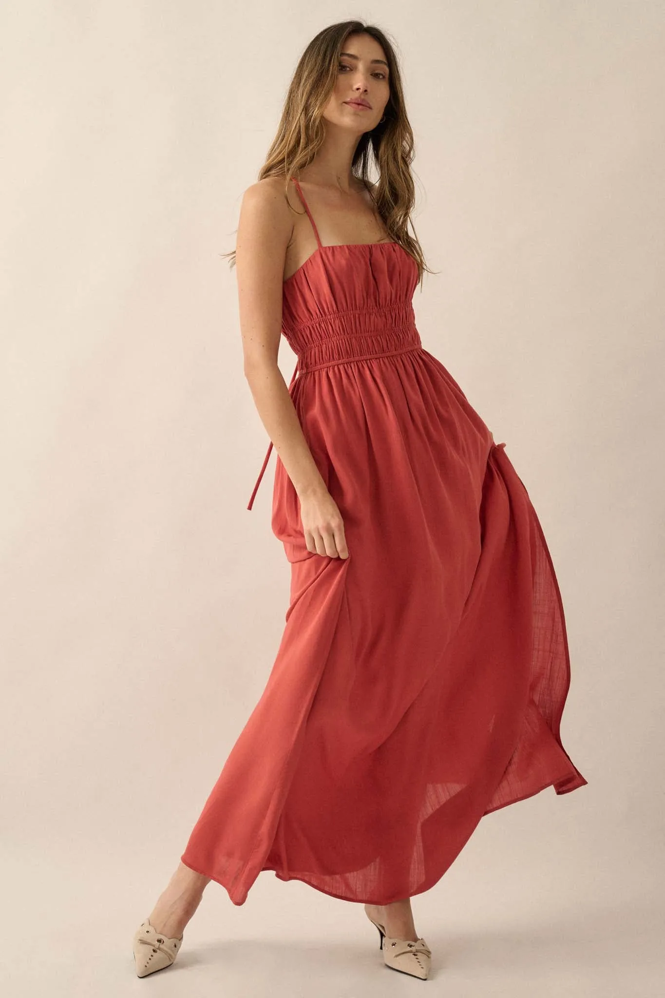 Enjoy the Moment Gathered Open-Back Maxi Dress