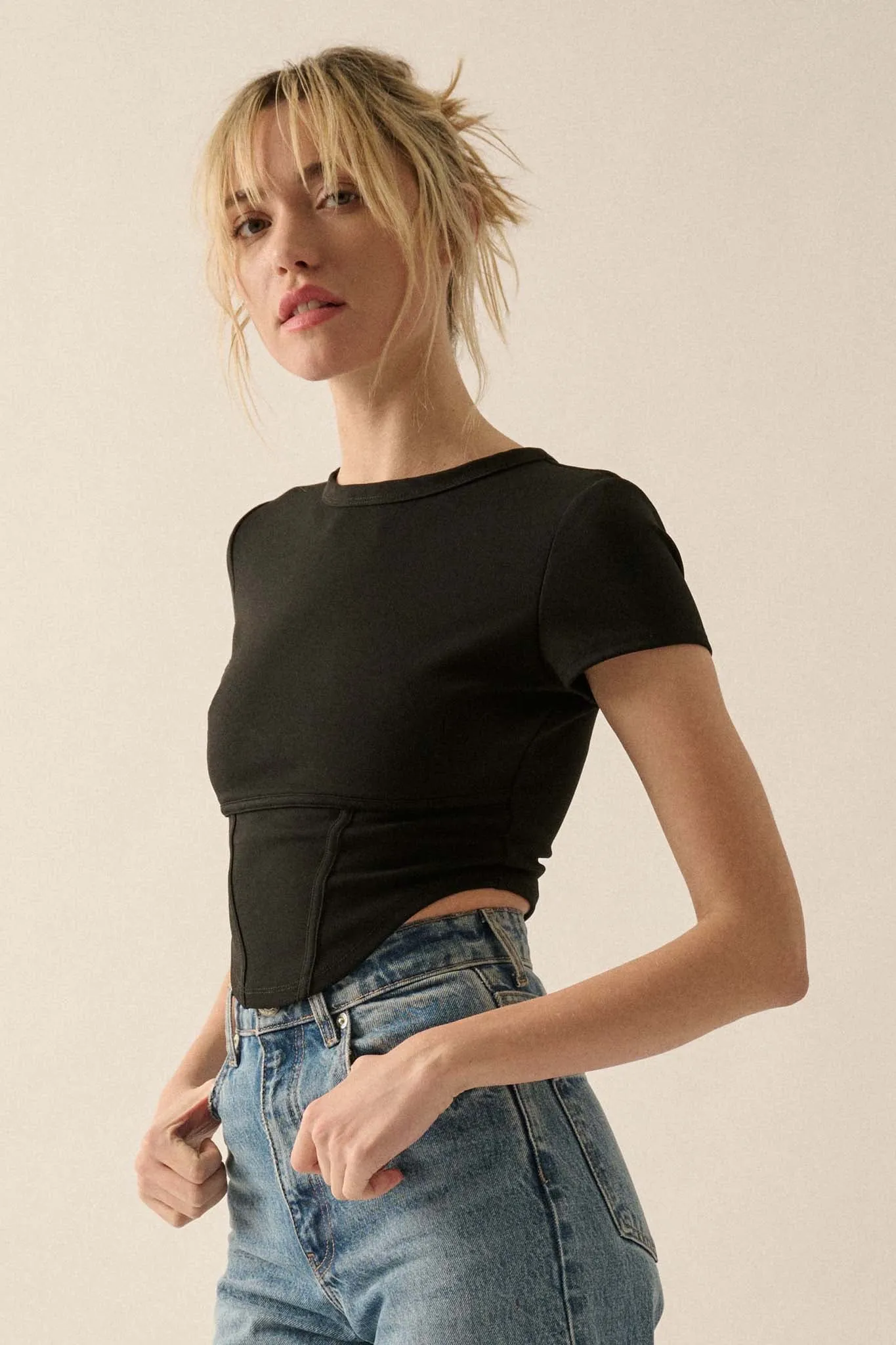 Essential Trends Solid Crepe Cropped Corset Tee