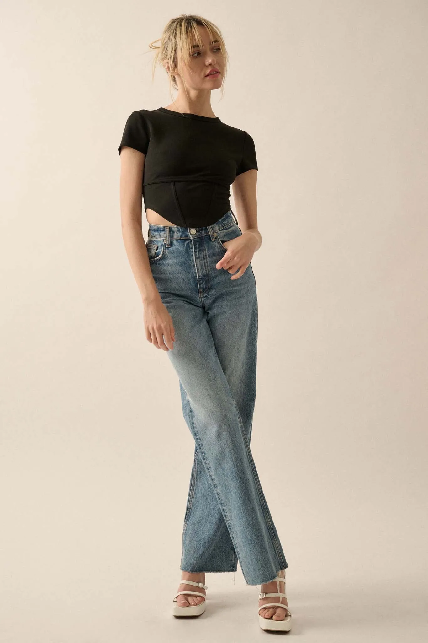 Essential Trends Solid Crepe Cropped Corset Tee