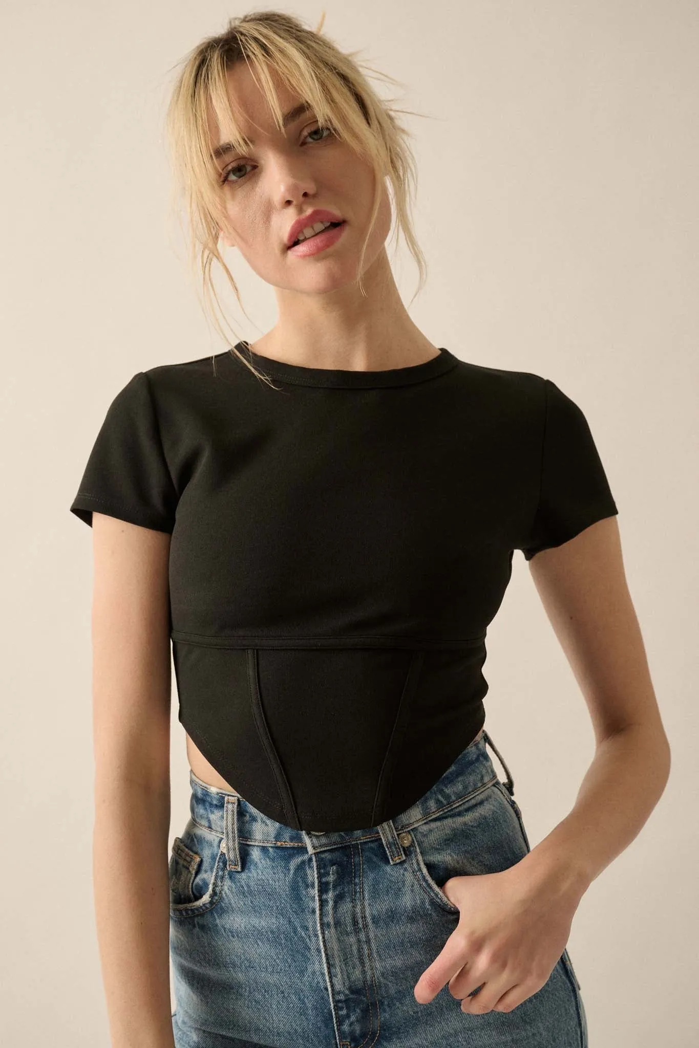 Essential Trends Solid Crepe Cropped Corset Tee
