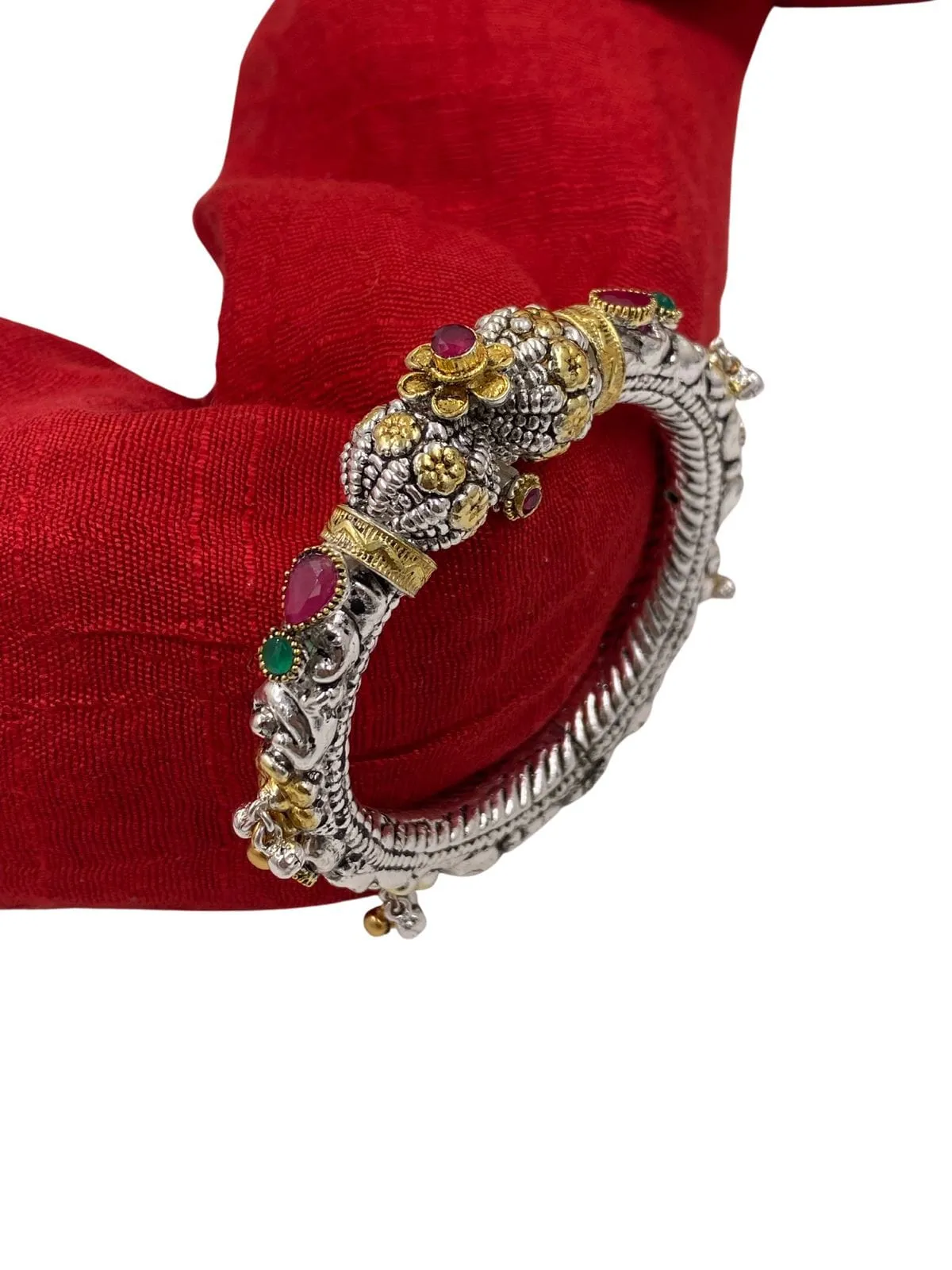 Ethnic Silver Plated Two Tone Polish Silver Kada Bracelet For Women