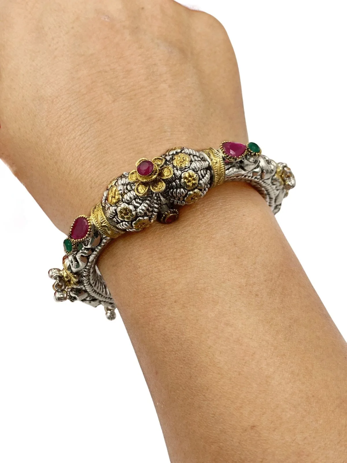 Ethnic Silver Plated Two Tone Polish Silver Kada Bracelet For Women
