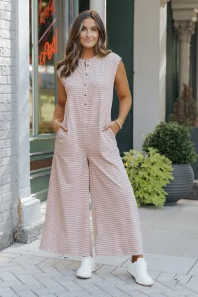 Fall Picnic Striped Wide Leg Jumpsuit - Taupe Fall Picnic Striped Wide Leg Jumpsuit - Taupe