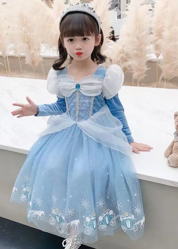 Fine Blue Wrinkled Cartoon Patchwork Tulle Kids Girls Princess Dress SpringHalloween