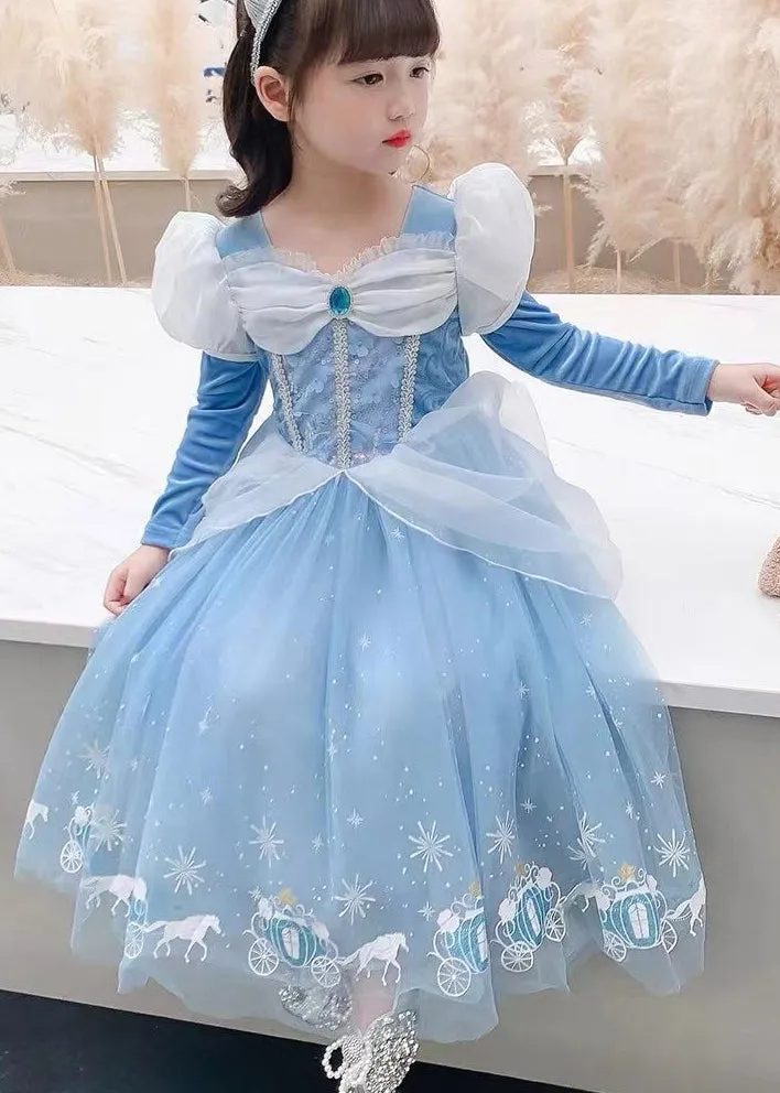 Fine Blue Wrinkled Cartoon Patchwork Tulle Kids Girls Princess Dress SpringHalloween