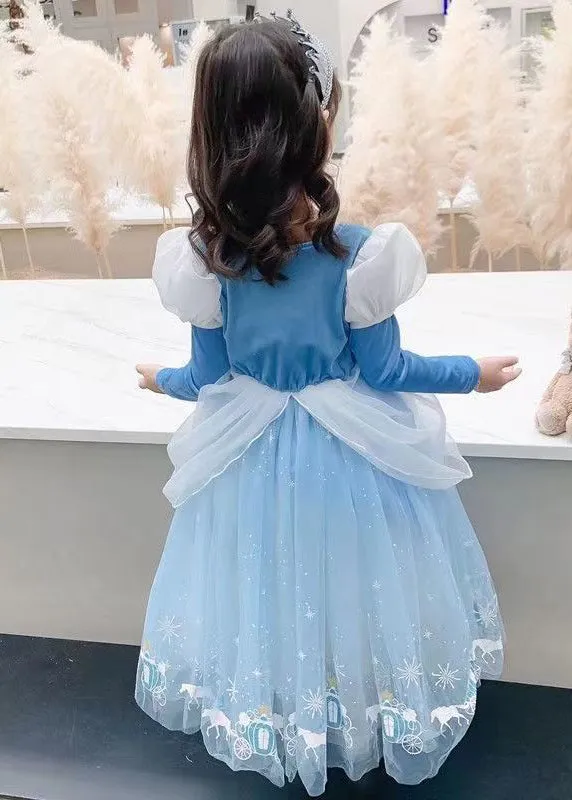 Fine Blue Wrinkled Cartoon Patchwork Tulle Kids Girls Princess Dress SpringHalloween