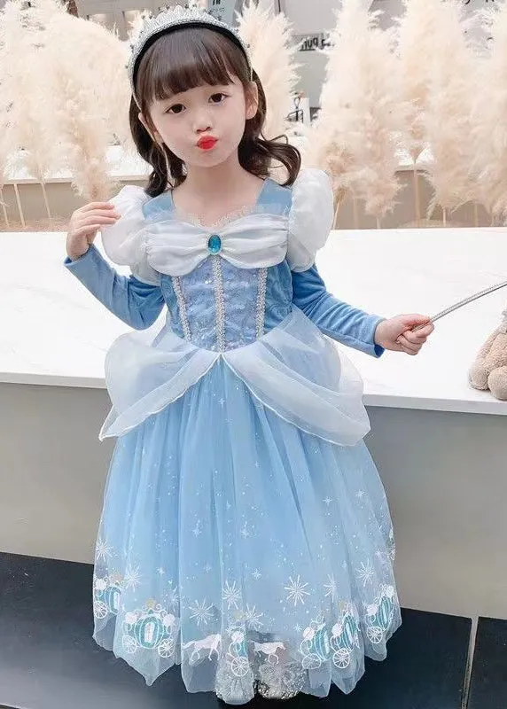 Fine Blue Wrinkled Cartoon Patchwork Tulle Kids Girls Princess Dress SpringHalloween