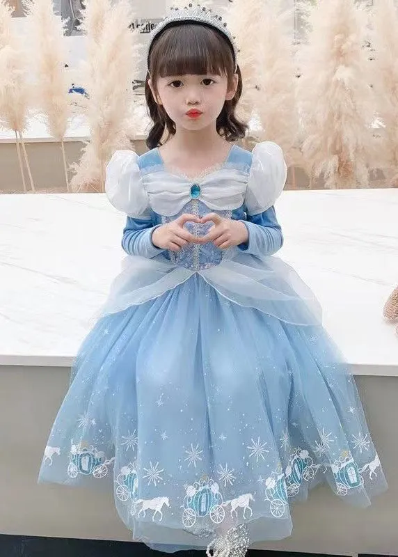 Fine Blue Wrinkled Cartoon Patchwork Tulle Kids Girls Princess Dress SpringHalloween