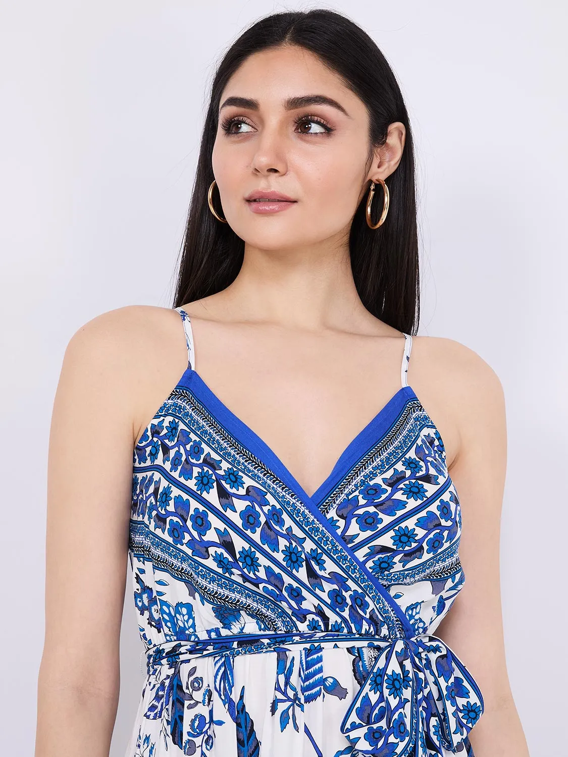 Floral Border Print Cross-Front Maxi Dress