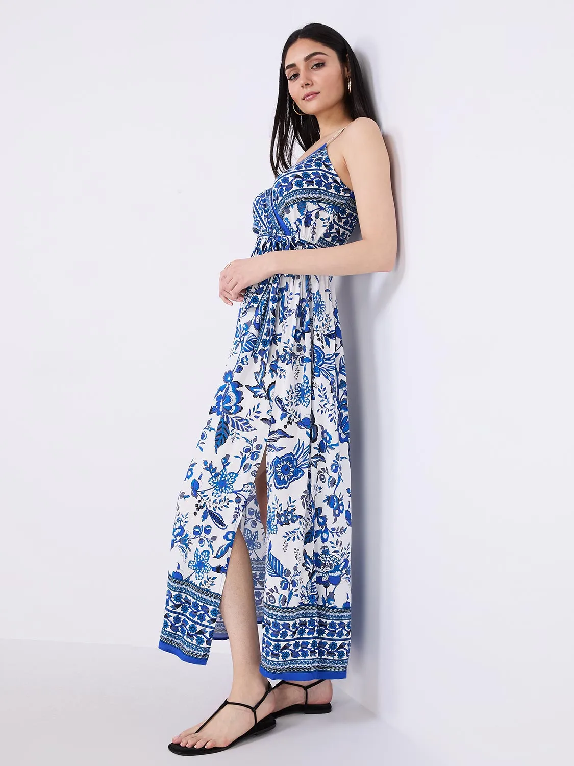 Floral Border Print Cross-Front Maxi Dress