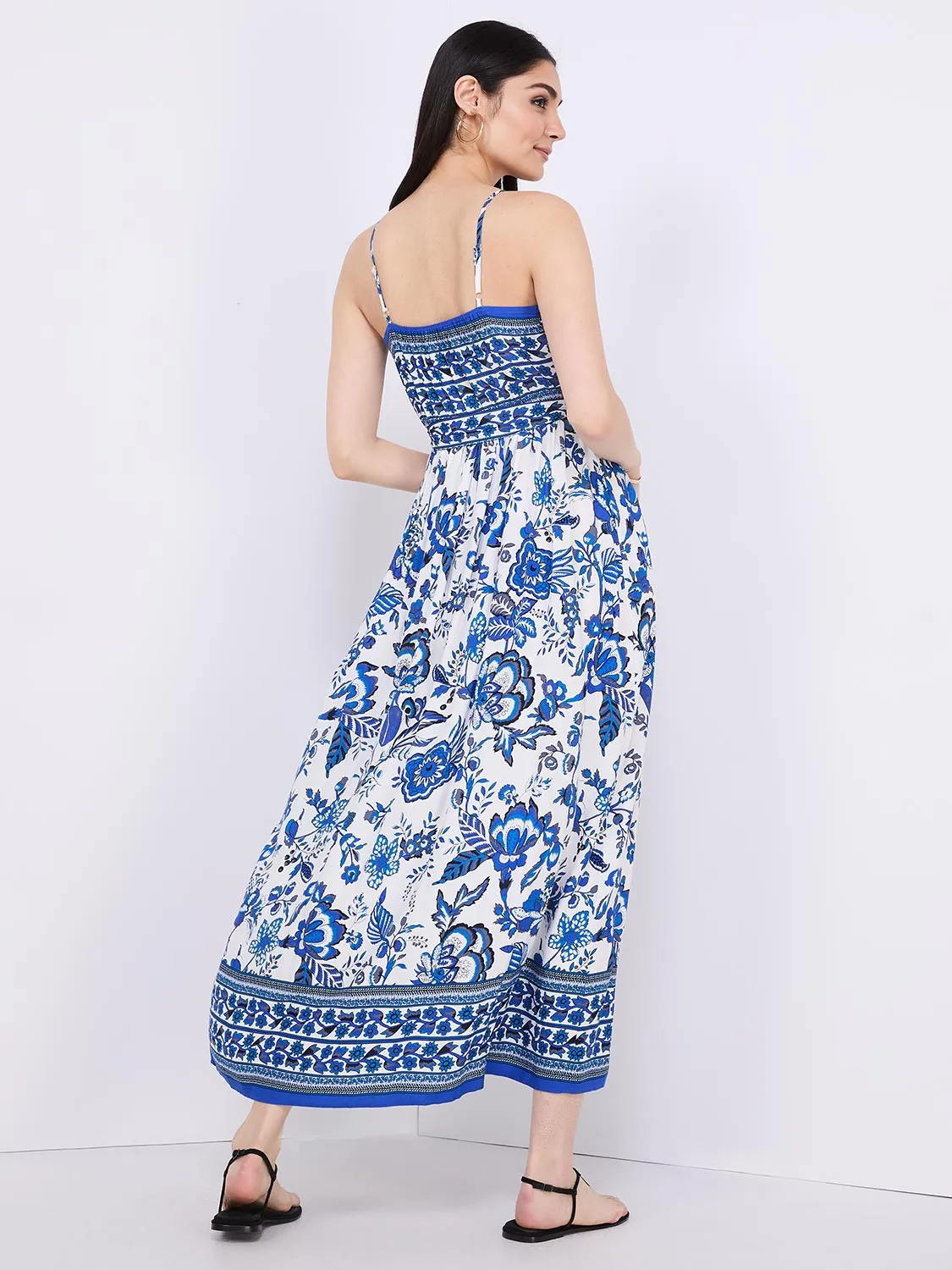 Floral Border Print Cross-Front Maxi Dress