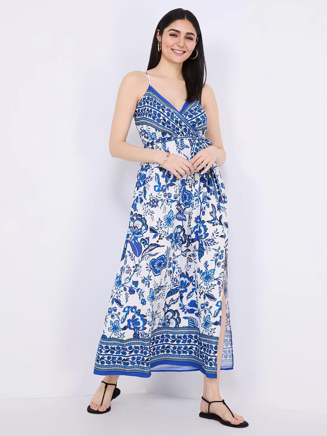 Floral Border Print Cross-Front Maxi Dress