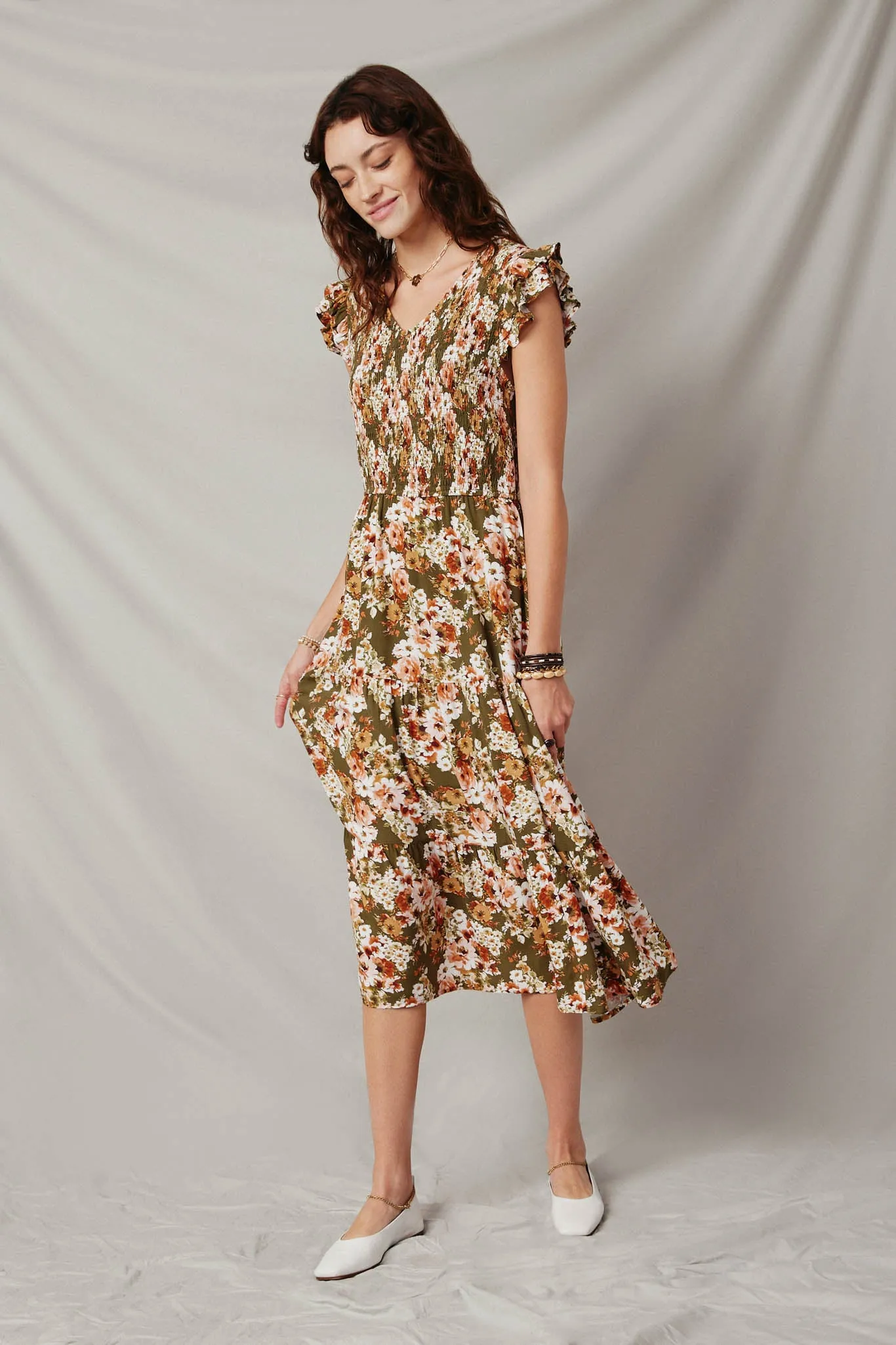 Floral Smocked V Neck Ruffled Tank Dress