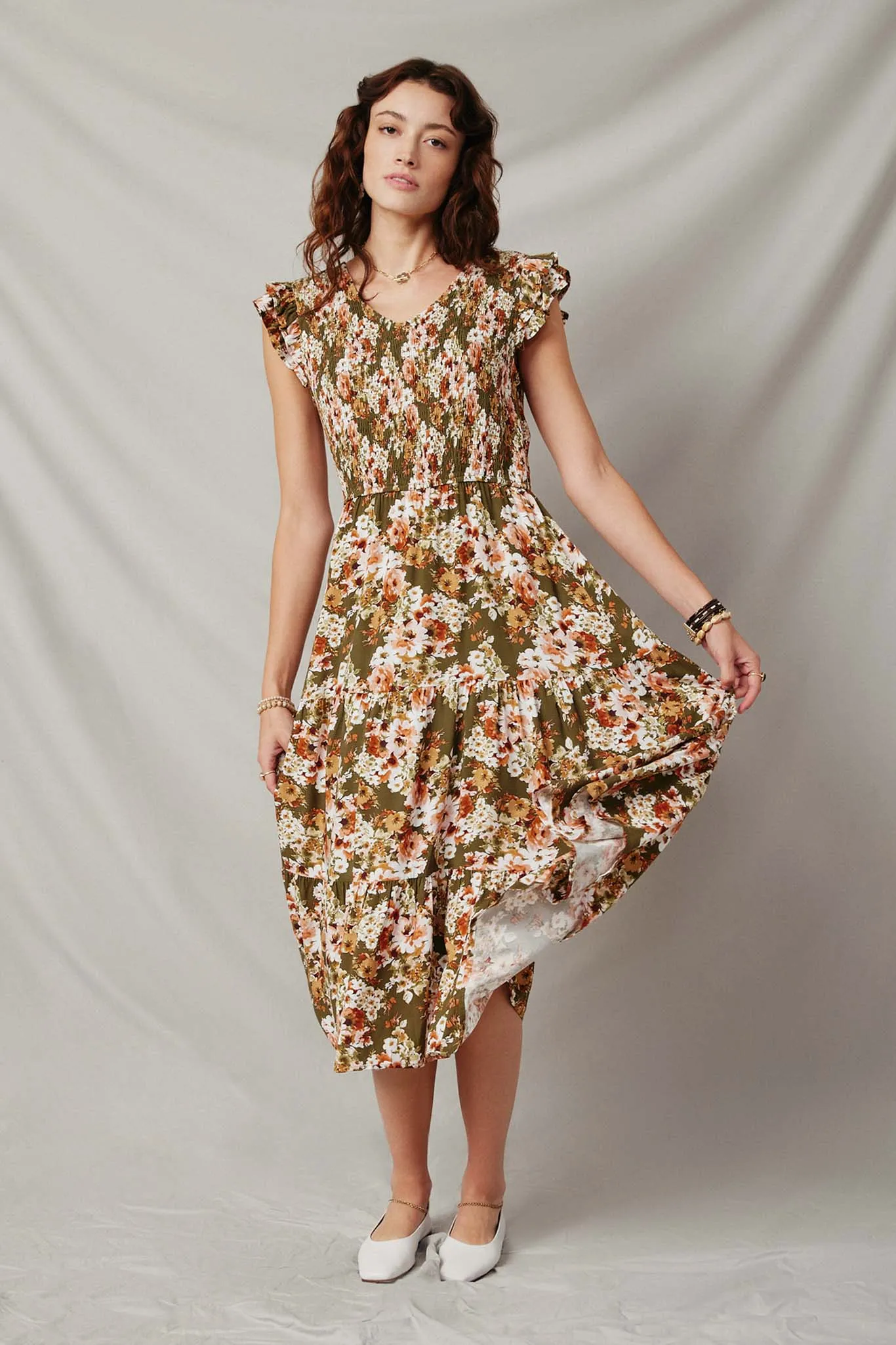 Floral Smocked V Neck Ruffled Tank Dress