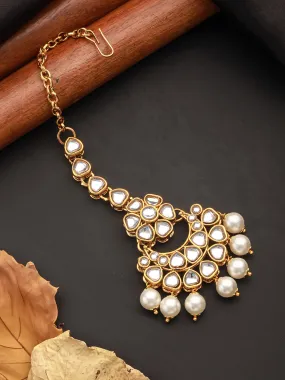 Gold-Plated & Off-White Artificial Stone-Studded Beaded Maang Tikka Gold-Plated & Off-White Artificial Stone-Studded Beaded Maang Tikka