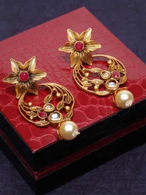 Gold-Plated & Red Pearl Studded Floral Antique Drop Earrings Gold-Plated & Red Pearl Studded Floral Antique Drop Earrings
