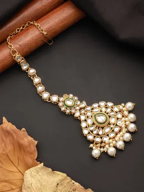 Gold-Plated & White Kundan-Studded Beaded Green Meenakari Handcrafted Maang Tikka Gold-Plated & White Kundan-Studded Beaded Green Meenakari Handcrafted Maang Tikka
