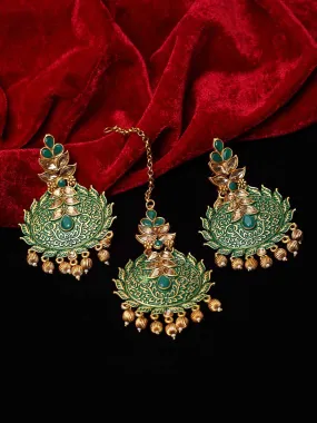 Gold-Plated Green & Beige Stone-Studded Hand Painted Jewellery Set Gold-Plated Green & Beige Stone-Studded Hand Painted Jewellery Set