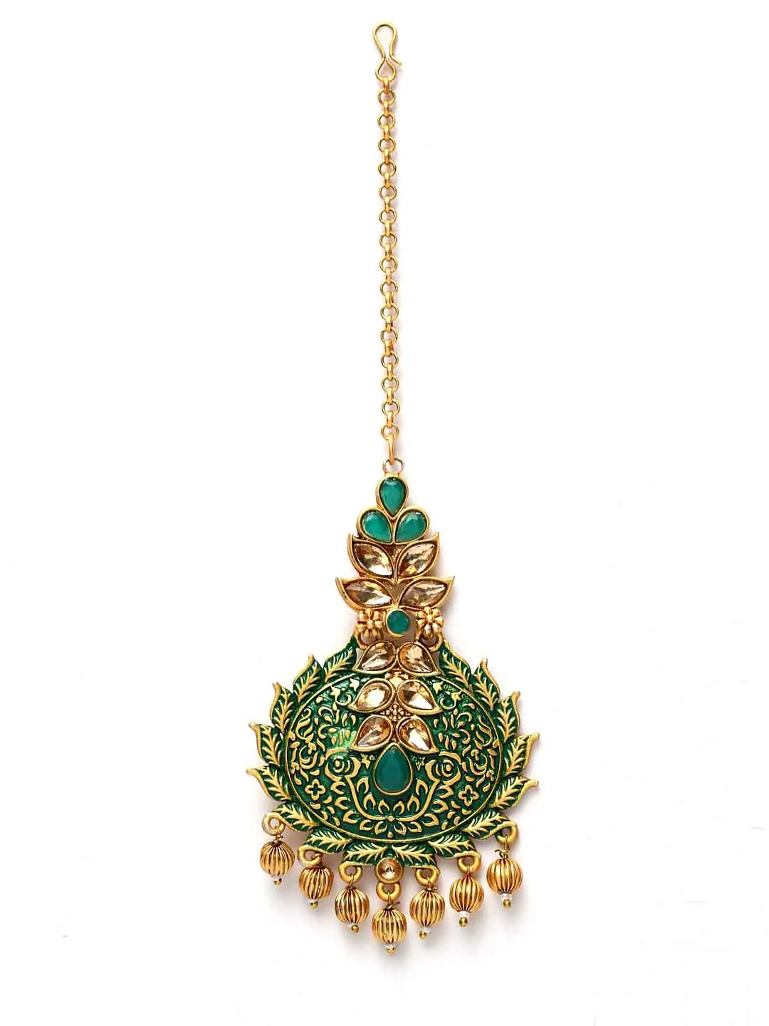Gold-Plated Green & Beige Stone-Studded Hand Painted Jewellery Set