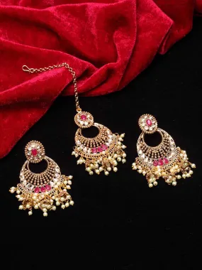 Gold-Plated Red & White Stone Studded & Beaded Handcrafted Maang Tika With Earring Set Gold-Plated Red & White Stone Studded & Beaded Handcrafted Maang Tika With Earring Set