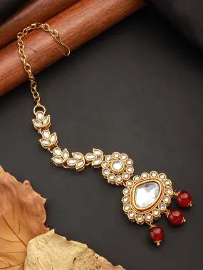 Gold-Plated Red Maroon Kundan-Studded & Beaded Maang Tikka Gold-Plated Red Maroon Kundan-Studded & Beaded Maang Tikka