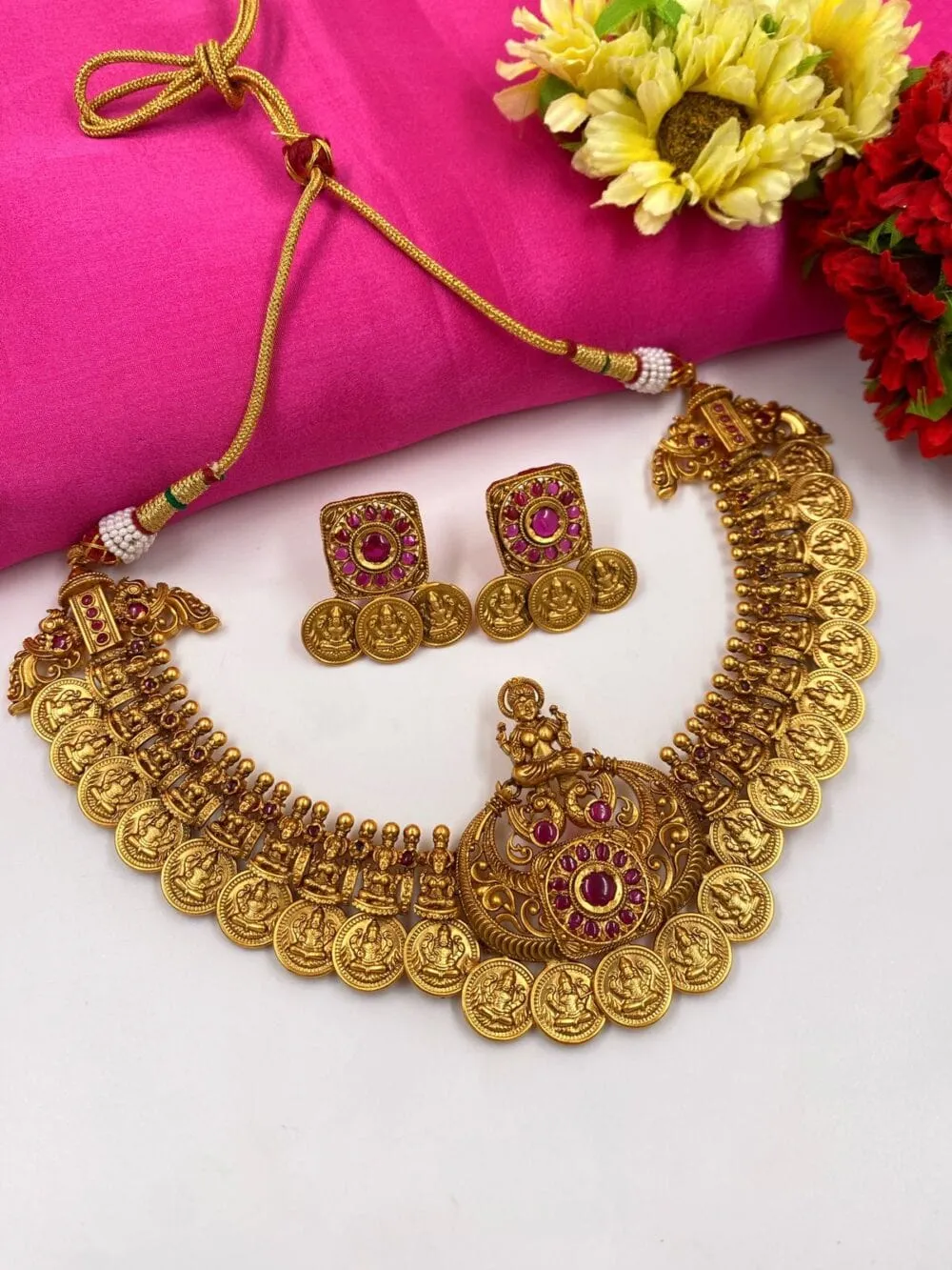 Gold Plated South Indian Lakshmi Coin Necklace Set For Ladies By Gehna Shop