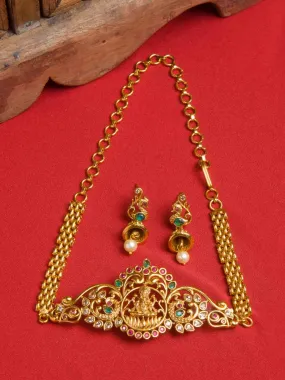 Green & Pink Stone Gold-Plated Kundan Studded Temple Jewellery Set Green & Pink Stone Gold-Plated Kundan Studded Temple Jewellery Set