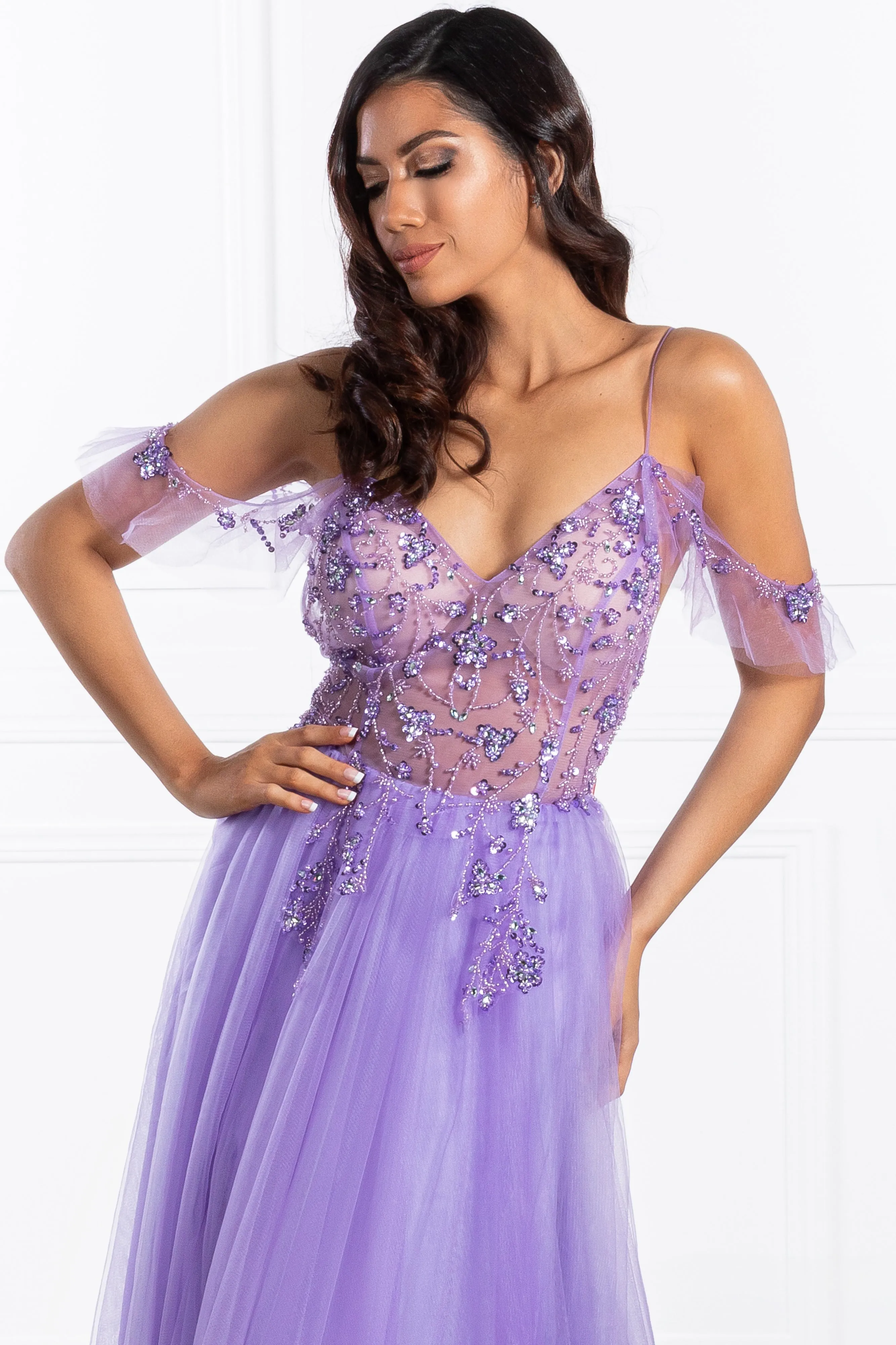 Honey Couture LOLA Purple Crystal Tulle Skirt Formal Dress