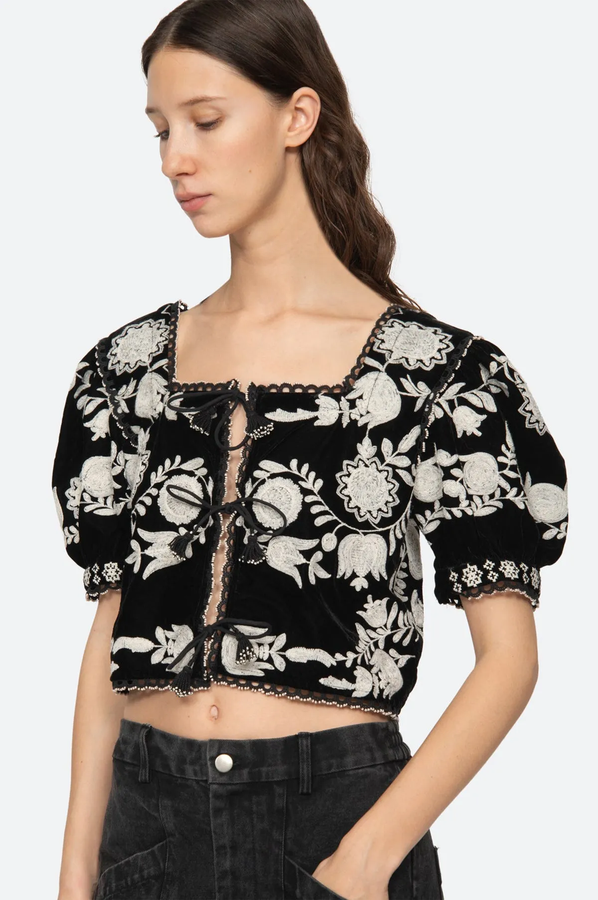 Irene Embroidery Velvet Puff Slv Top