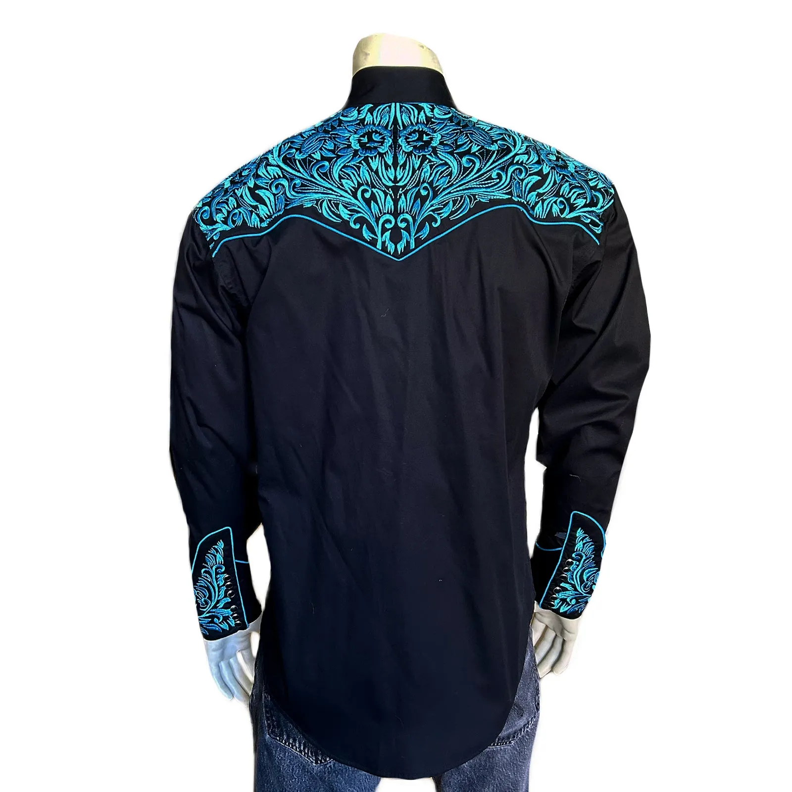 Men's Vintage Tooling Embroidered Black & Turquoise Western Shirt