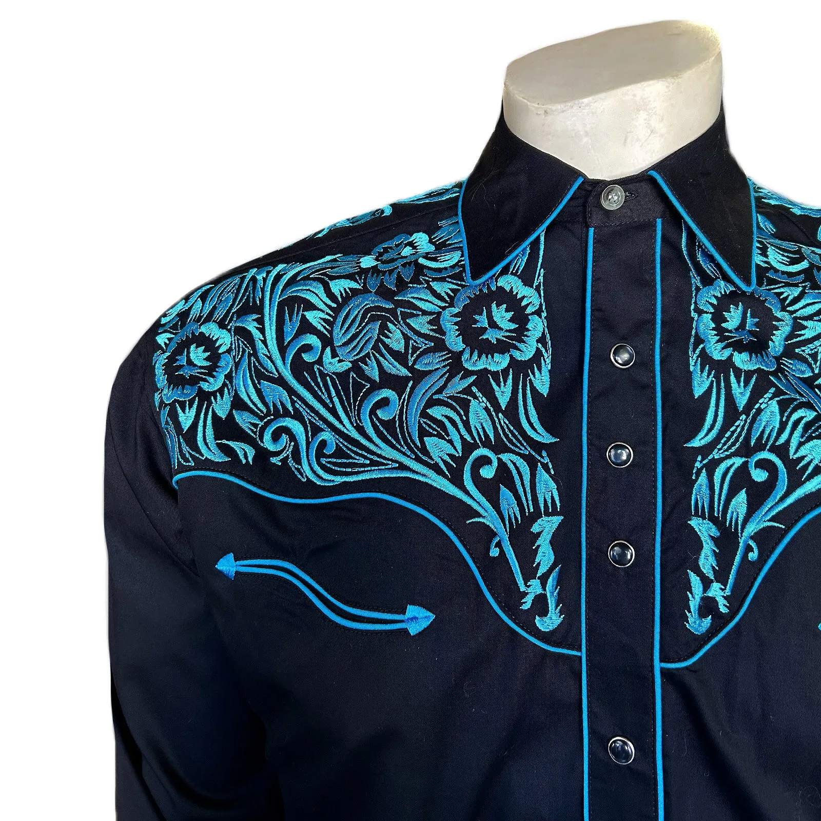 Men's Vintage Tooling Embroidered Black & Turquoise Western Shirt