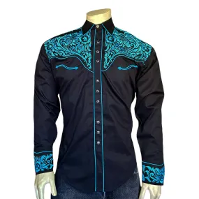 Men's Vintage Tooling Embroidered Black & Turquoise Western Shirt Men's Vintage Tooling Embroidered Black & Turquoise Western Shirt
