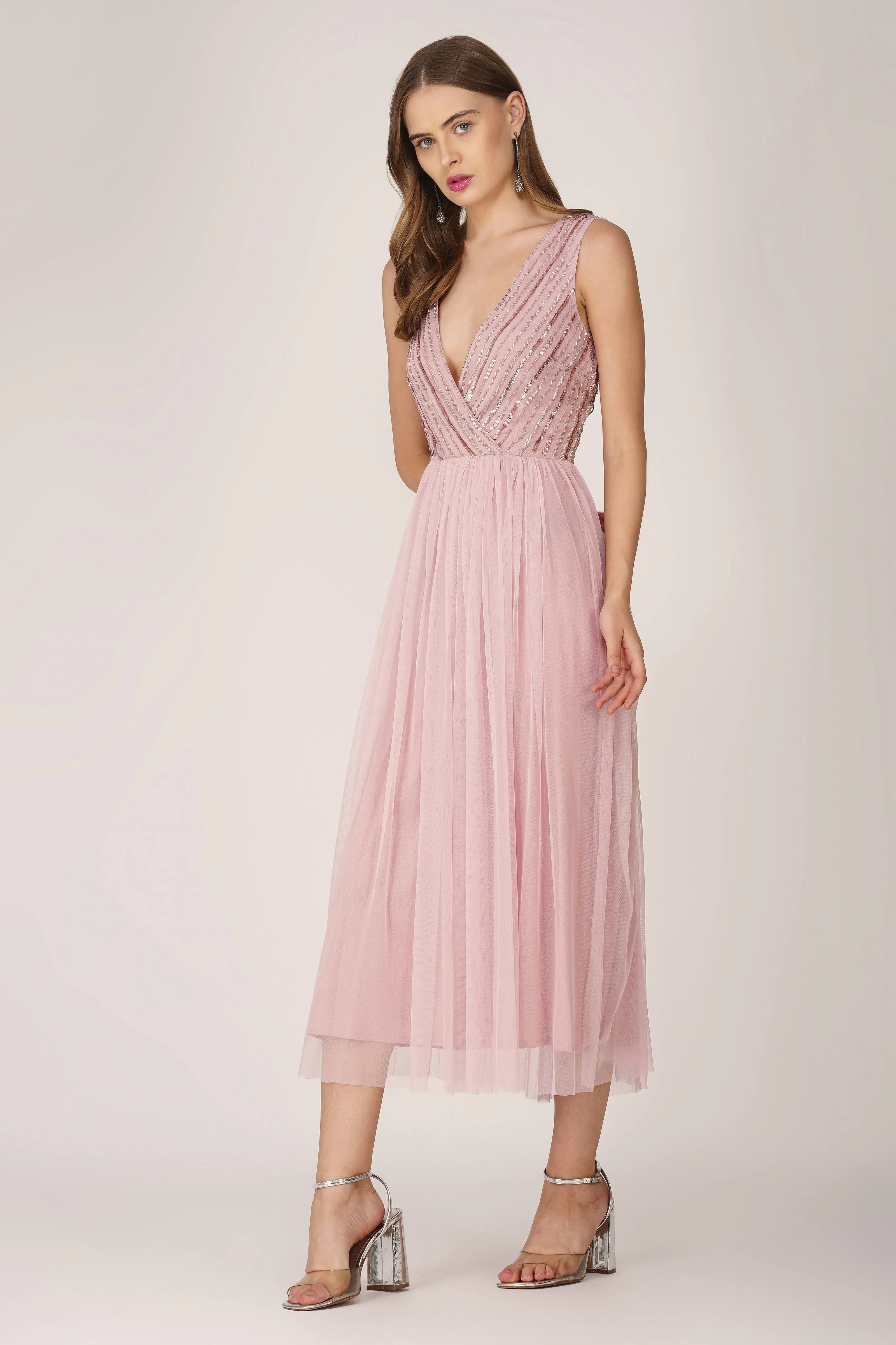 Millie Midi Embellished Dress in Pink