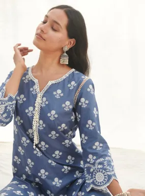 Mulmul Cotton Arpora Navy Kurta With Arpora White Pant Mulmul Cotton Arpora Navy Kurta With Arpora White Pant