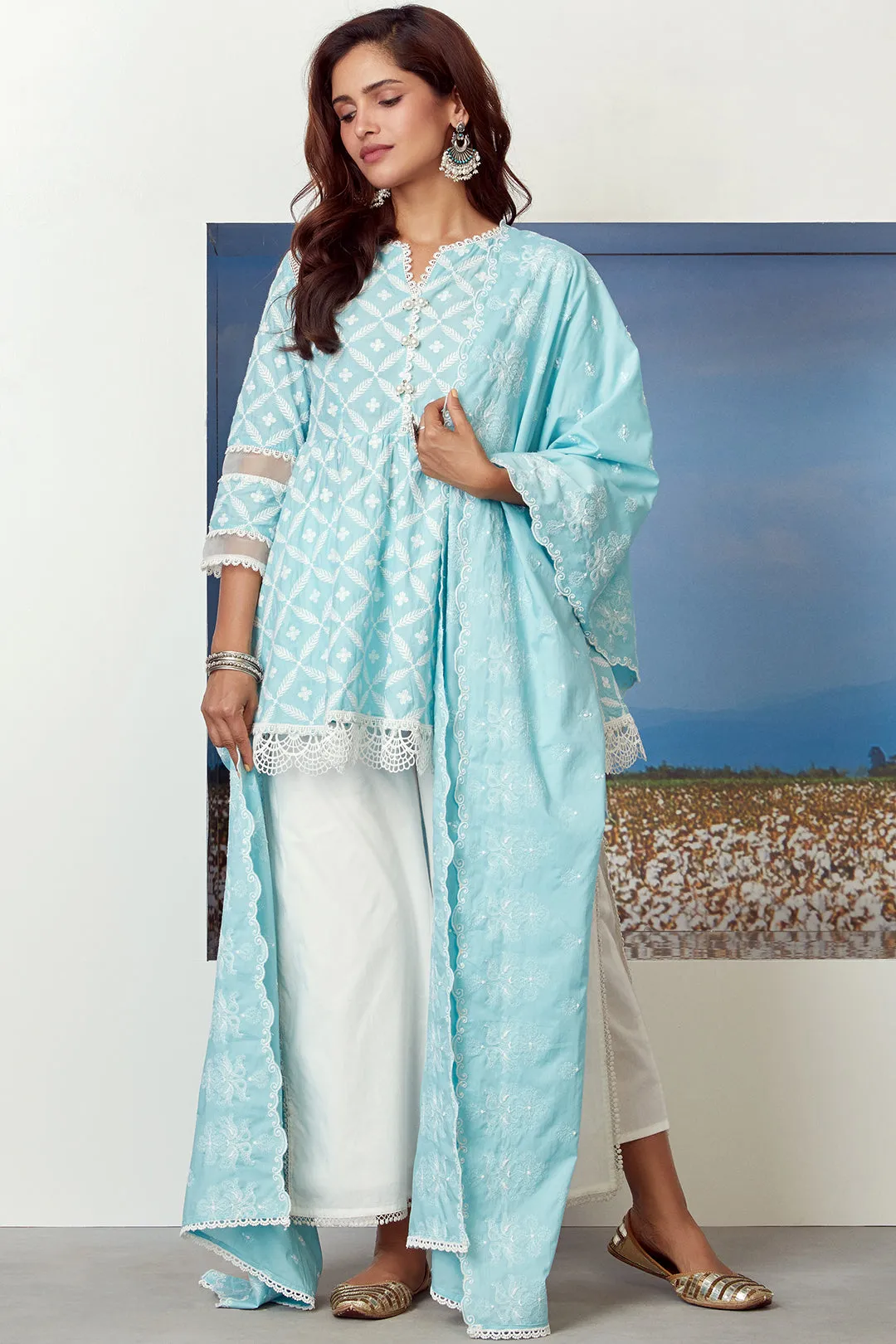 Mulmul Cotton Dew Drop Turq Kurta