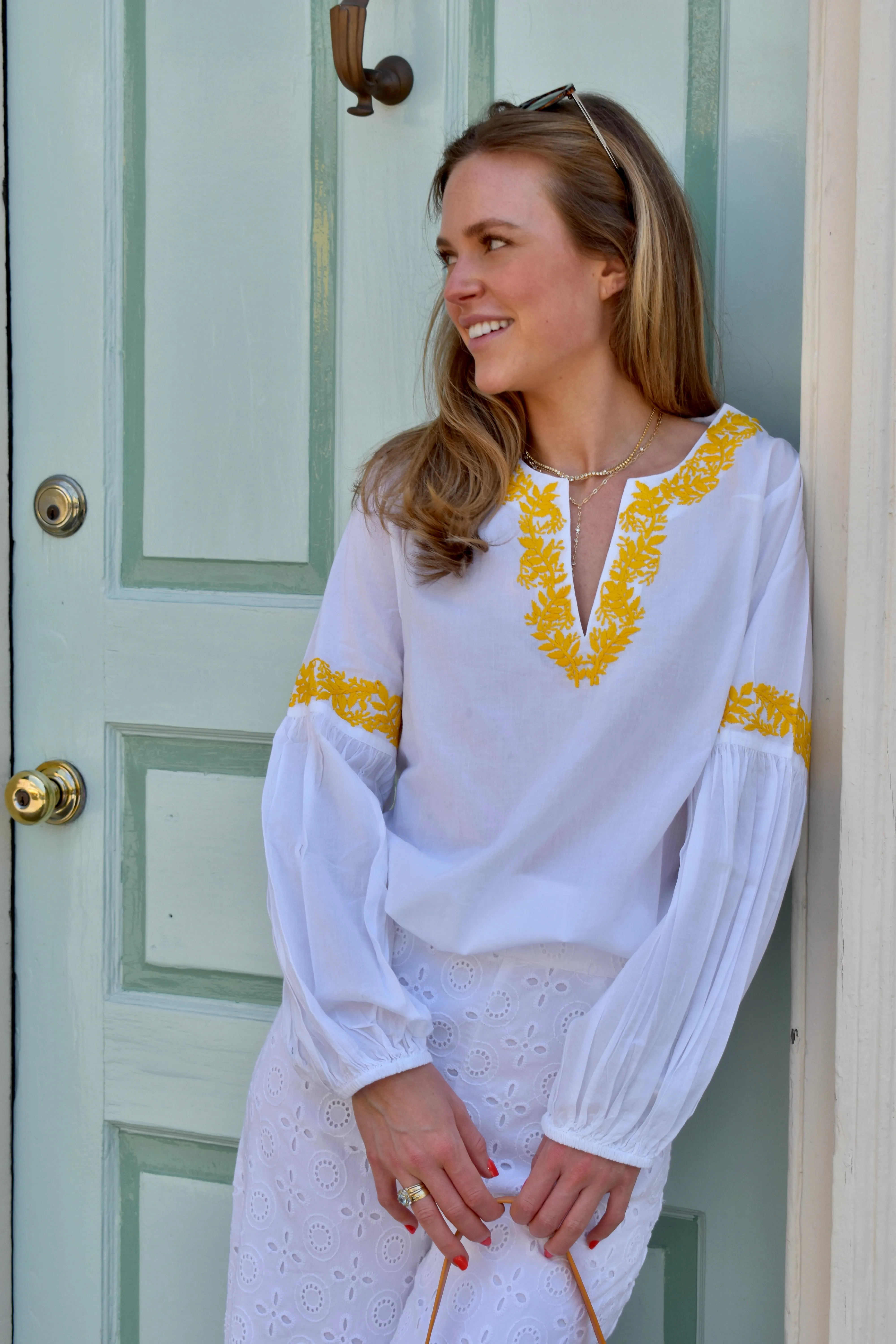 Mykonos Hand Embroidered Top White with Yellow Embroidery