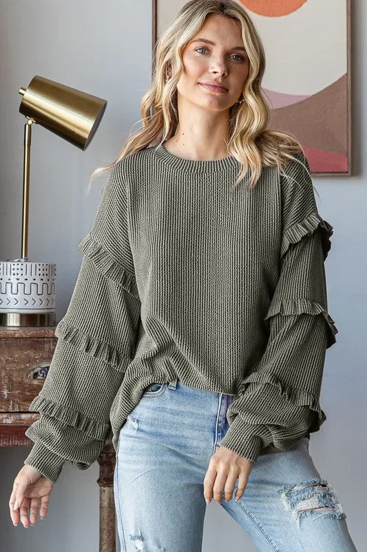 Olive Ribbed Ruffle Top