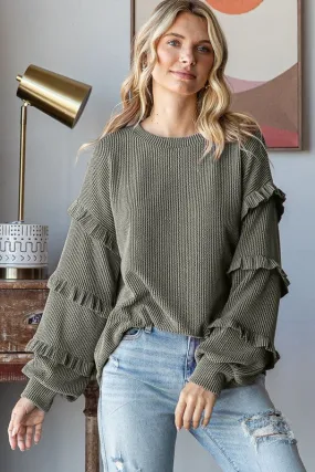 Olive Ribbed Ruffle Top