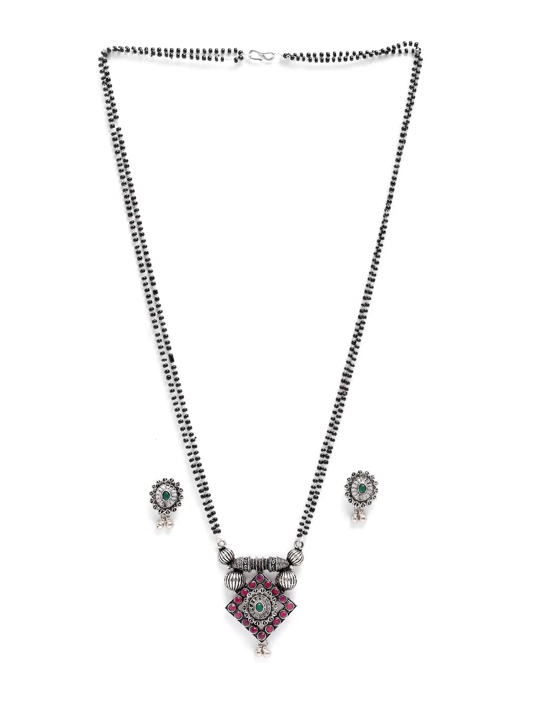 Oxidised Silver-Plated Pink & Green Stone-Studded & Black Beaded Mangalsutra Set