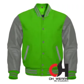 Parrot Green Wool and Genuine Grey Leather Sleeves Varsity Jacket Parrot Green Wool and Genuine Grey Leather Sleeves Varsity Jacket