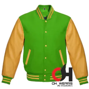 Parrot Green Wool and Genuine Yellow Leather Sleeves Varsity Jacket Parrot Green Wool and Genuine Yellow Leather Sleeves Varsity Jacket