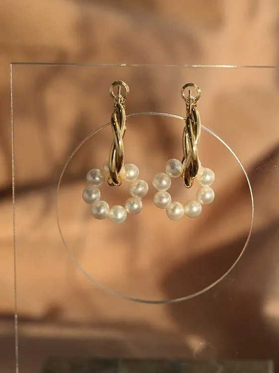 Pearl Floral Drop Hoop Earrings
